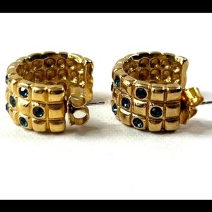 Vintage 80s Avon Faux Sapphire Gold Toned Pierced Signed Half Hoop Earrings